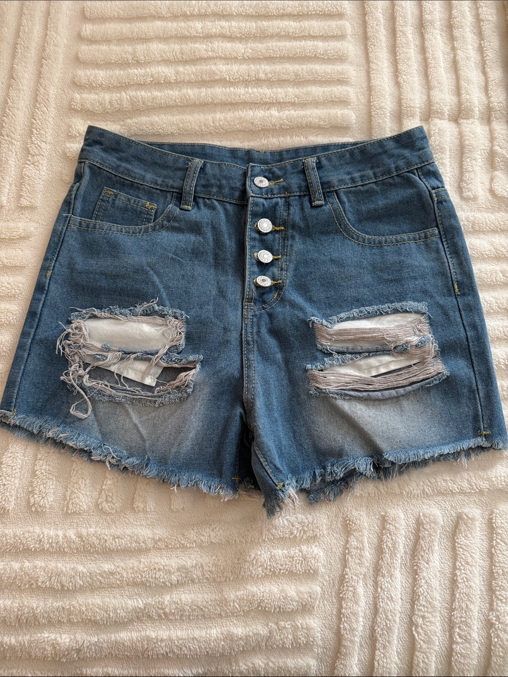 Rough-Hem Distressed Denim Shorts in Blue